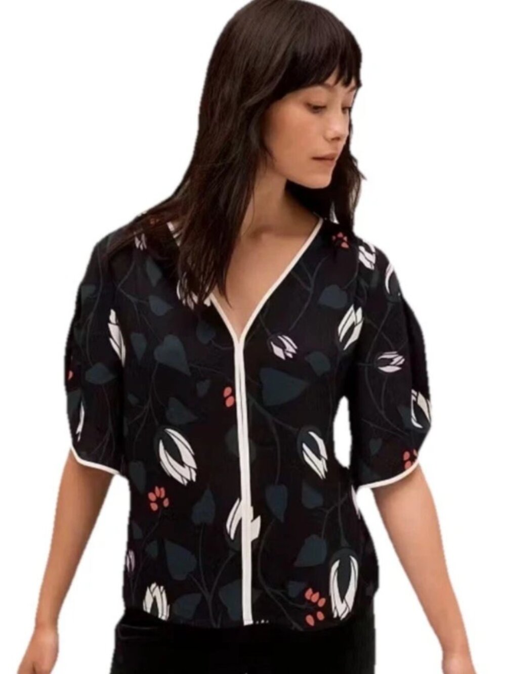 Kate Spade Deco Bloom Crepe Blouse Black Floral Oversized XSmall
